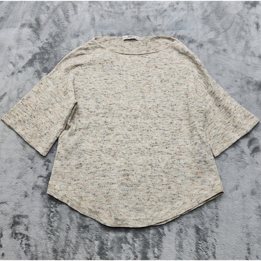 ZARA Knit Sweater Womens M Beige Melange Short Sleeve Cotton‎ Linen Knit Top